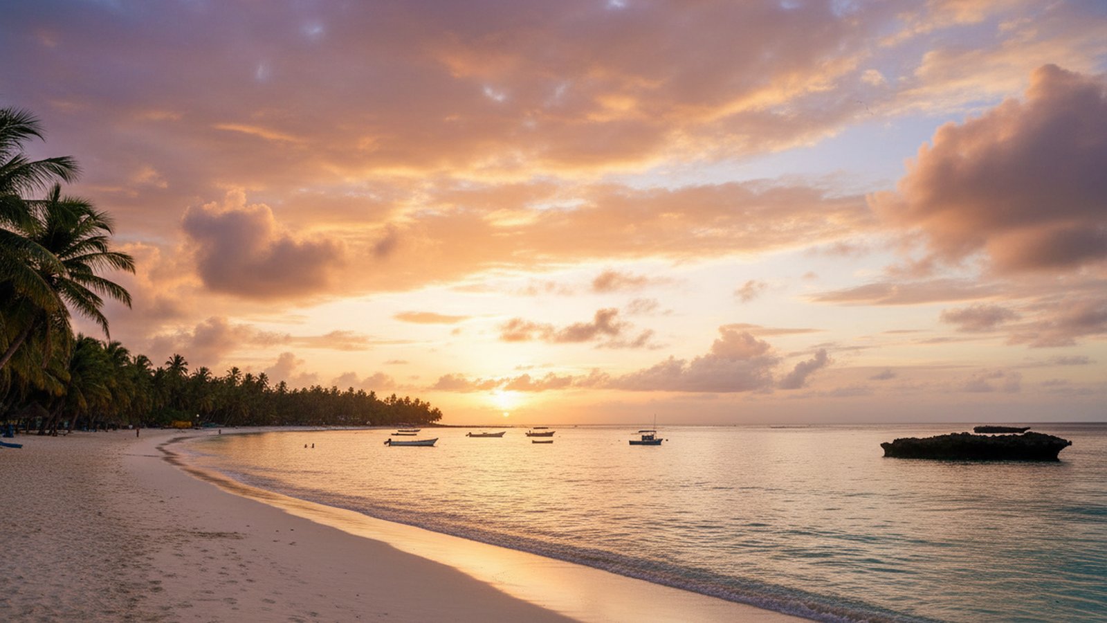Tramonto sull'Oceano Indiano dalla spiaggia di Watamu con le barche all'ancora